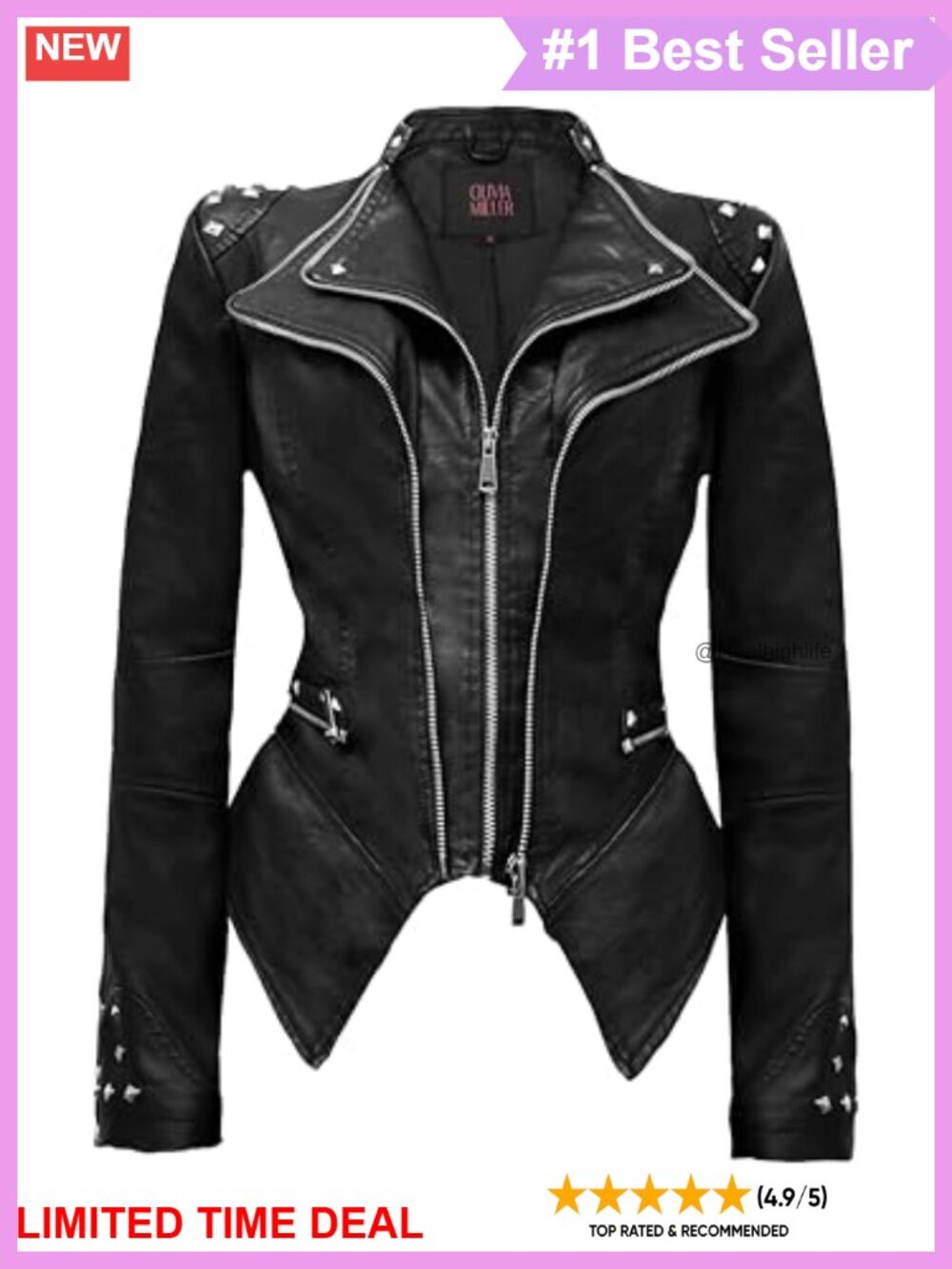 Faux Leather Moto Biker Jacket Rivet Lapel Swallow Tail Hem Long Sleeve